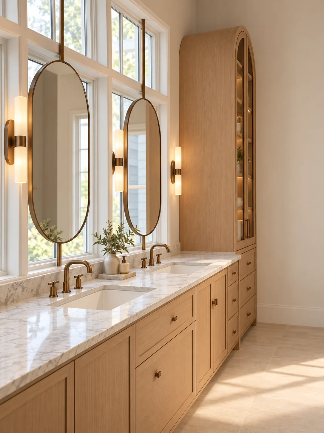 Bathroom design visualization with an oak double vanity, oval mirrors and arched display cabinets