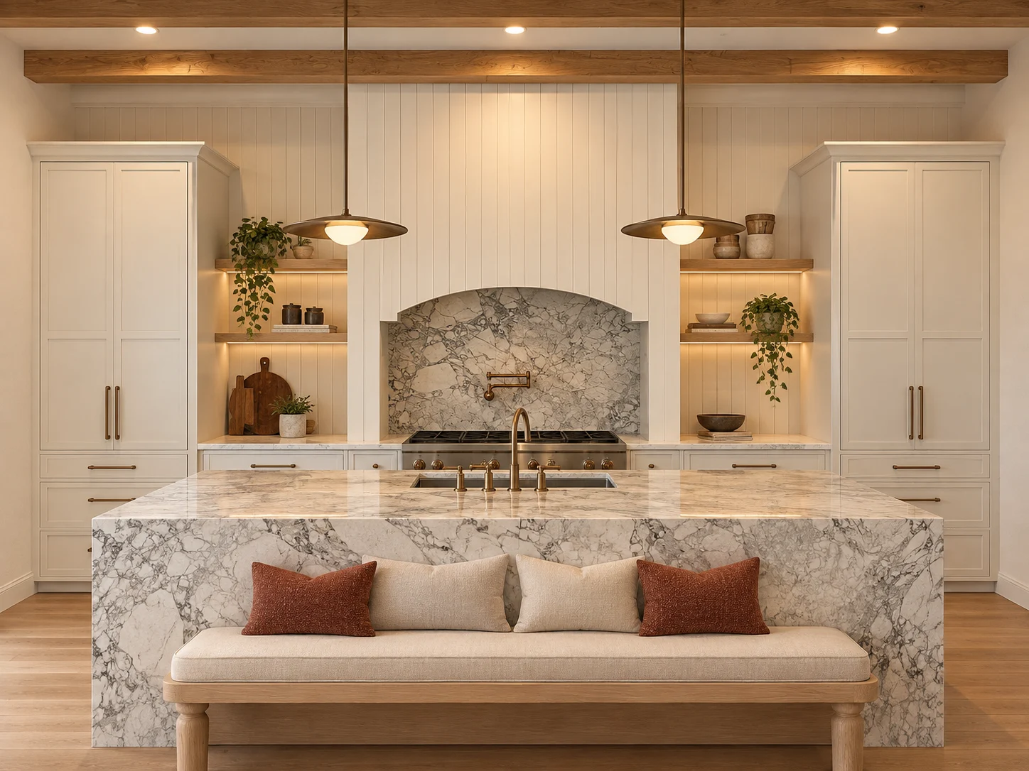 Kitchen design visualization with a white arched hood, oak shelves, veined stone island and bench seating