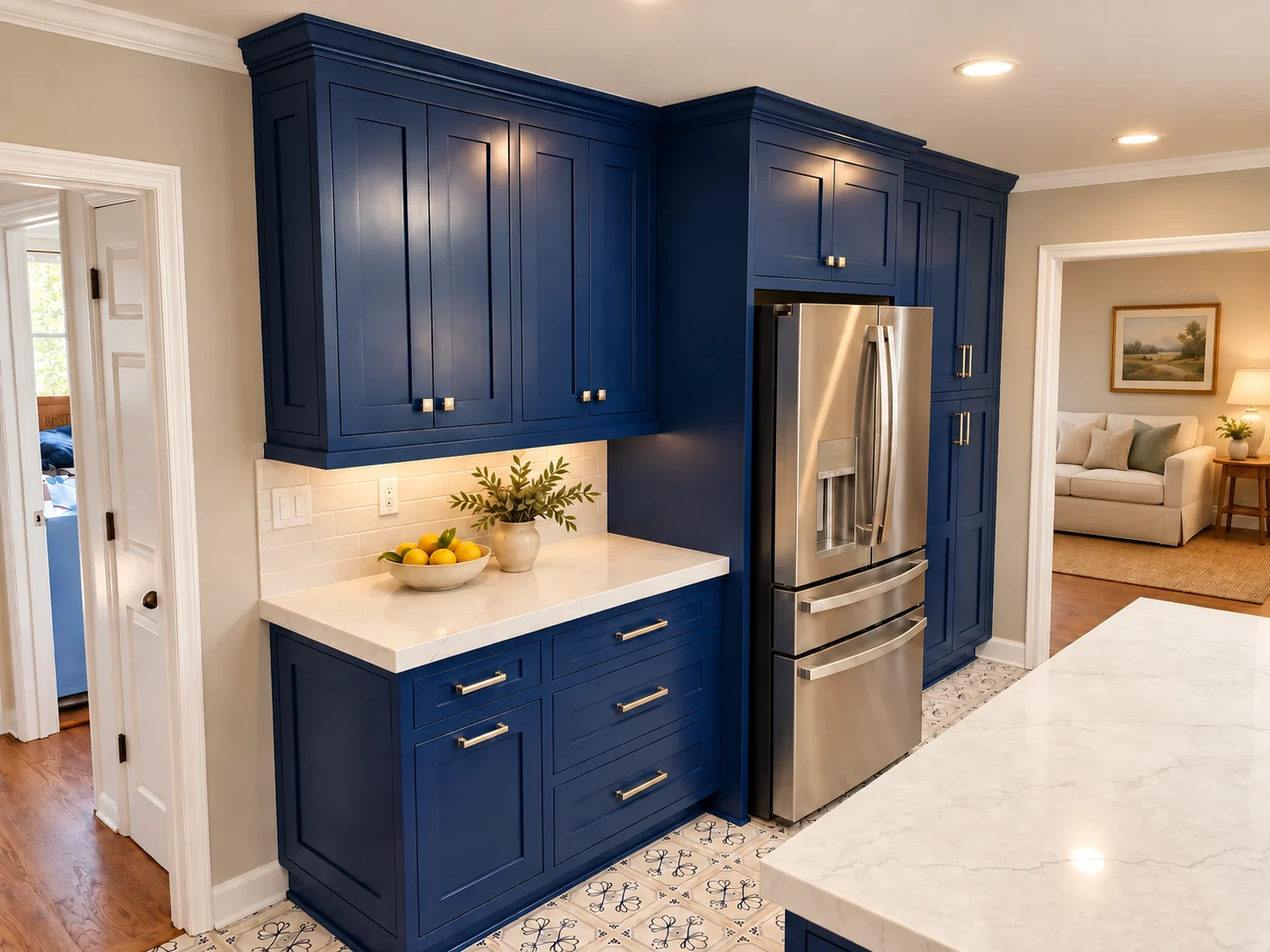 Visualization of deep blue cabinetry with warmer walls, decor, white counters and patterned tile flooring