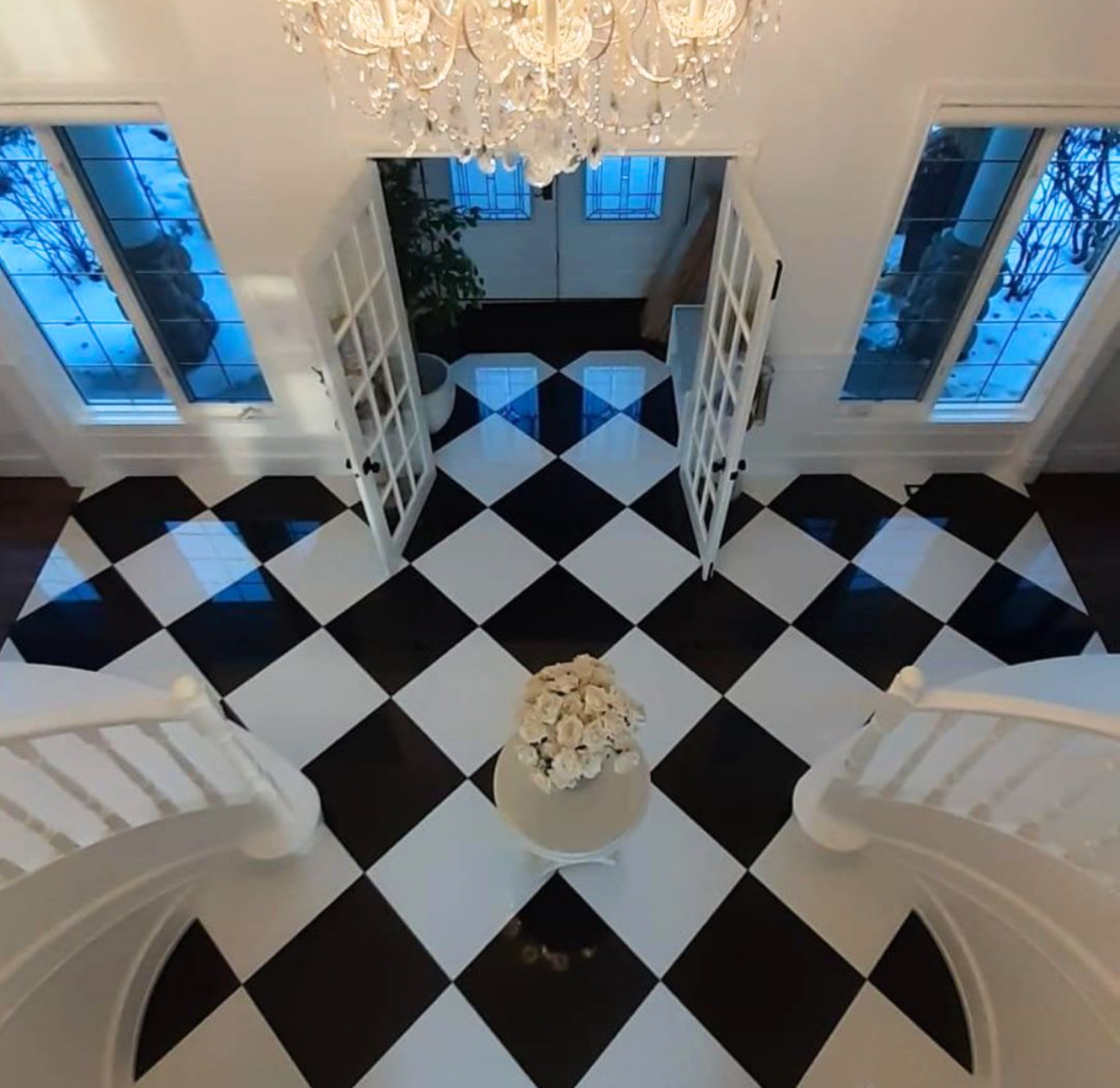Finished black-and-white checkerboard floor