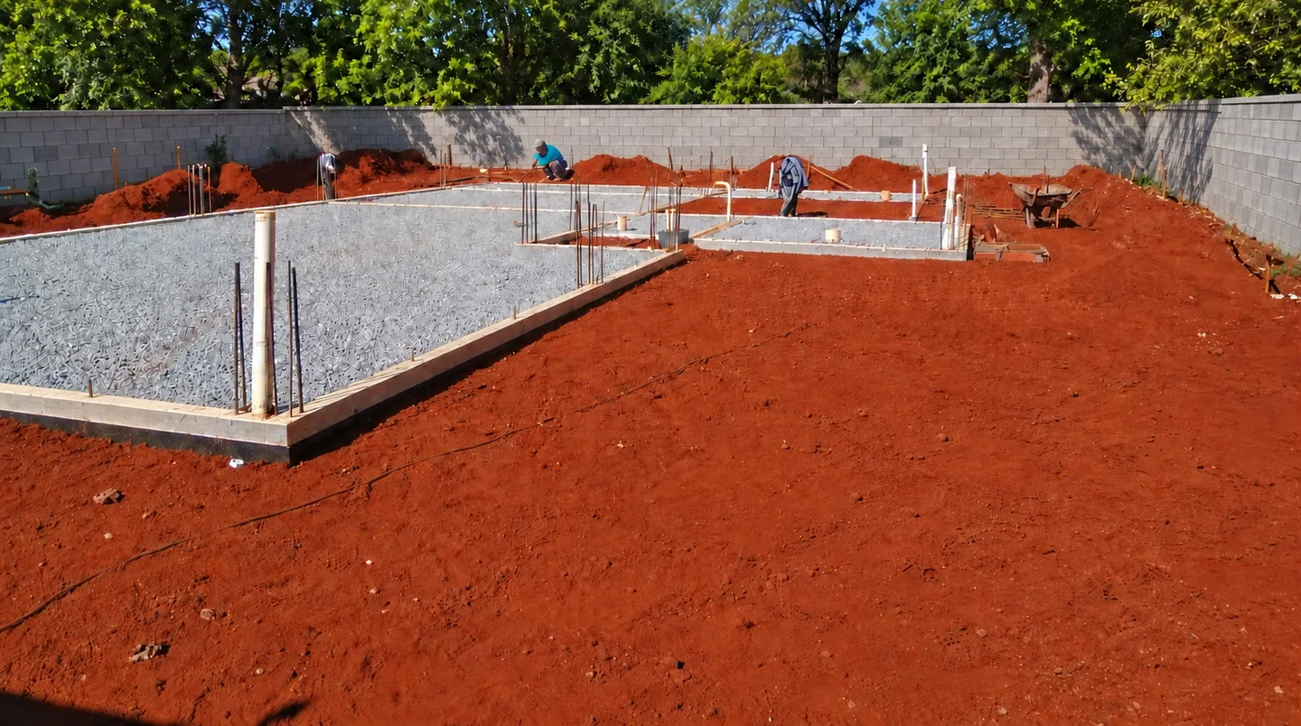 Foundation preparation with plumbing rough-ins and reinforcing steel; digitally retouched