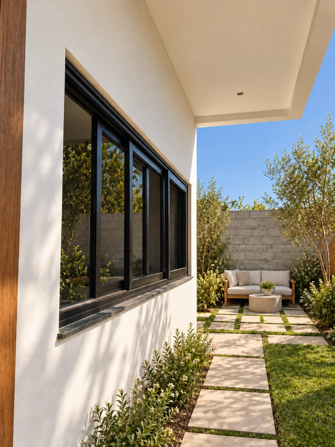 Proposed courtyard with black-framed windows, grass-joint paving and exposed cinder-block wall