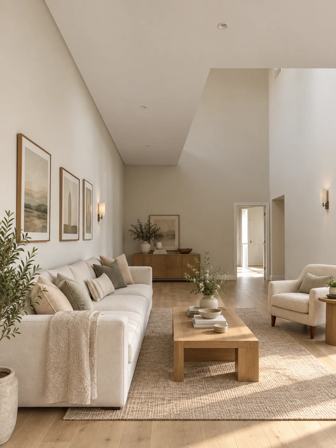 Proposed tall living room with light oak flooring and neutral furnishings