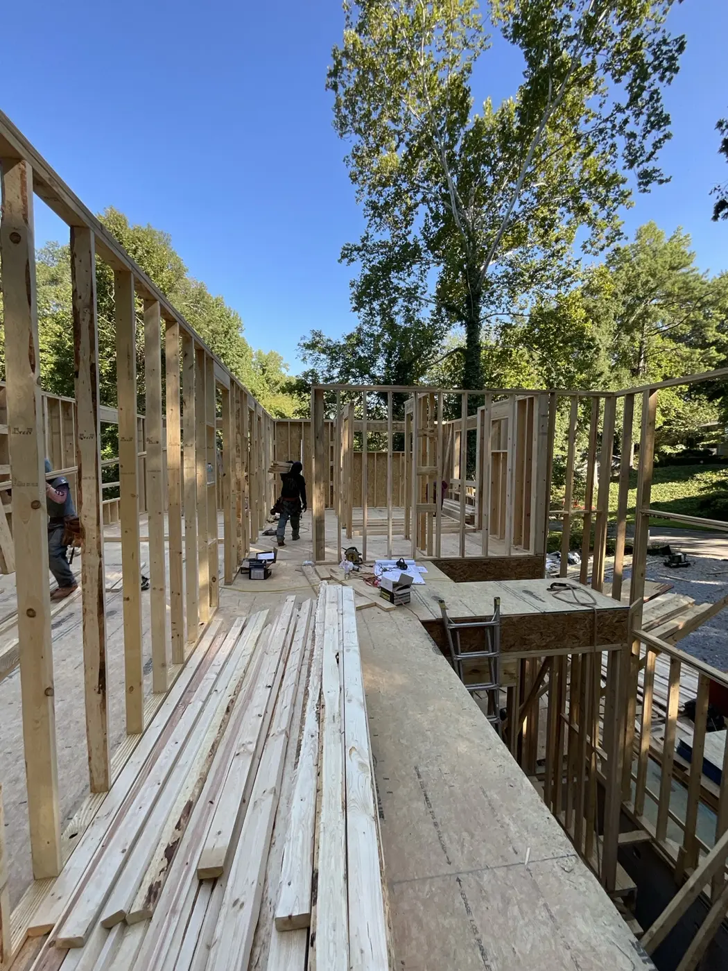 Upper-level floor and wall framing during residential construction in Norcross